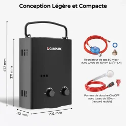 CAMPLUX AY132B-DE Chauffe-eau instantanés portables de 5L/min au gaz Propane/Butane (50mbar)