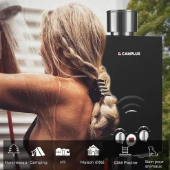 CAMPLUX BW158BC Chauffe-eau instantané au propane/butane 6 l/min 30/37 mbar avec housse contre la pluie