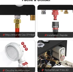 CAMPLUX BW158BC Chauffe-eau instantané au propane/butane 6 l/min 30/37 mbar avec housse contre la pluie