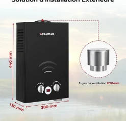 CAMPLUX BW158BC Chauffe-eau instantané au propane/butane 6 l/min 30/37 mbar avec housse contre la pluie