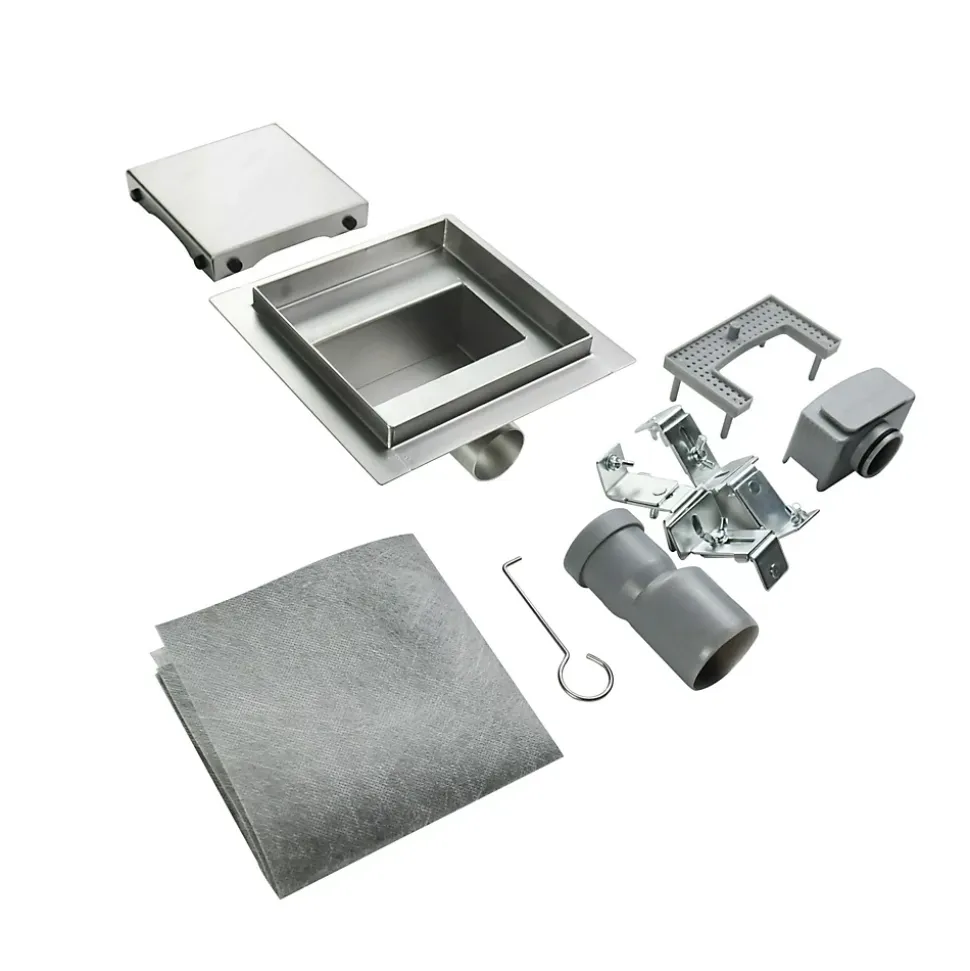 Caniveau de douche carré inox CARA 25 x 25 cm avec siphon anti-odeurs, drainage 36l/min, hauteur réglable SANIVERRE