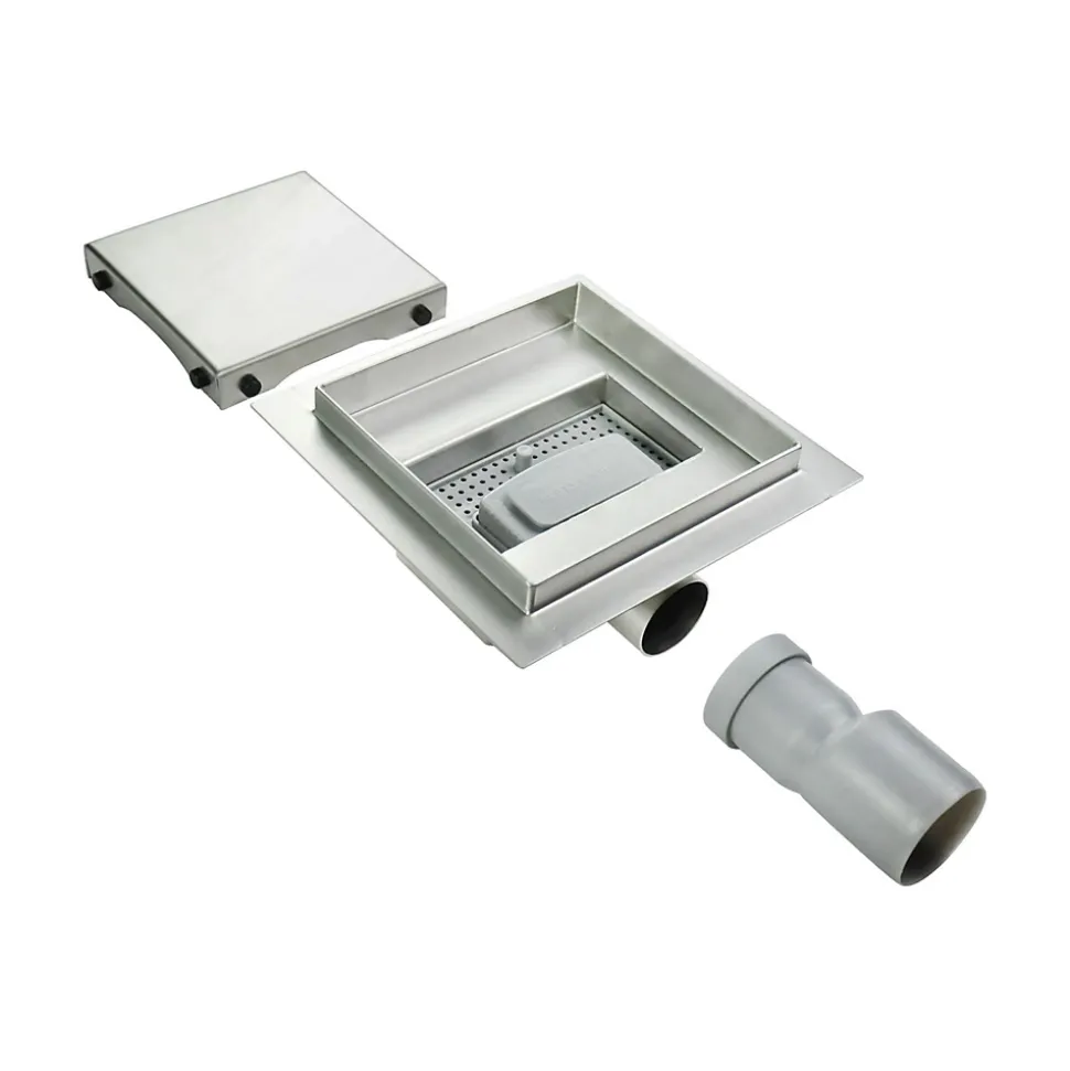 Caniveau de douche carré inox CARA 25 x 25 cm avec siphon anti-odeurs, drainage 36l/min, hauteur réglable SANIVERRE
