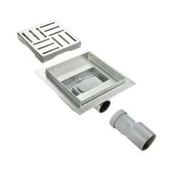 Caniveau de douche carré motif quadrillé DOMEO 12 x 12 cm siphon anti-odeurs, drainage 36l/min, h. réglable SANIVERRE