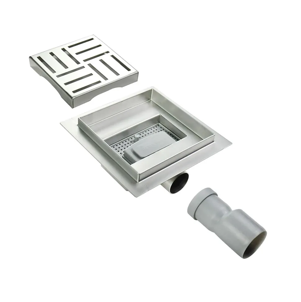 Caniveau de douche carré motif quadrillé DOMEO 12 x 12 cm siphon anti-odeurs, drainage 36l/min, h. réglable SANIVERRE