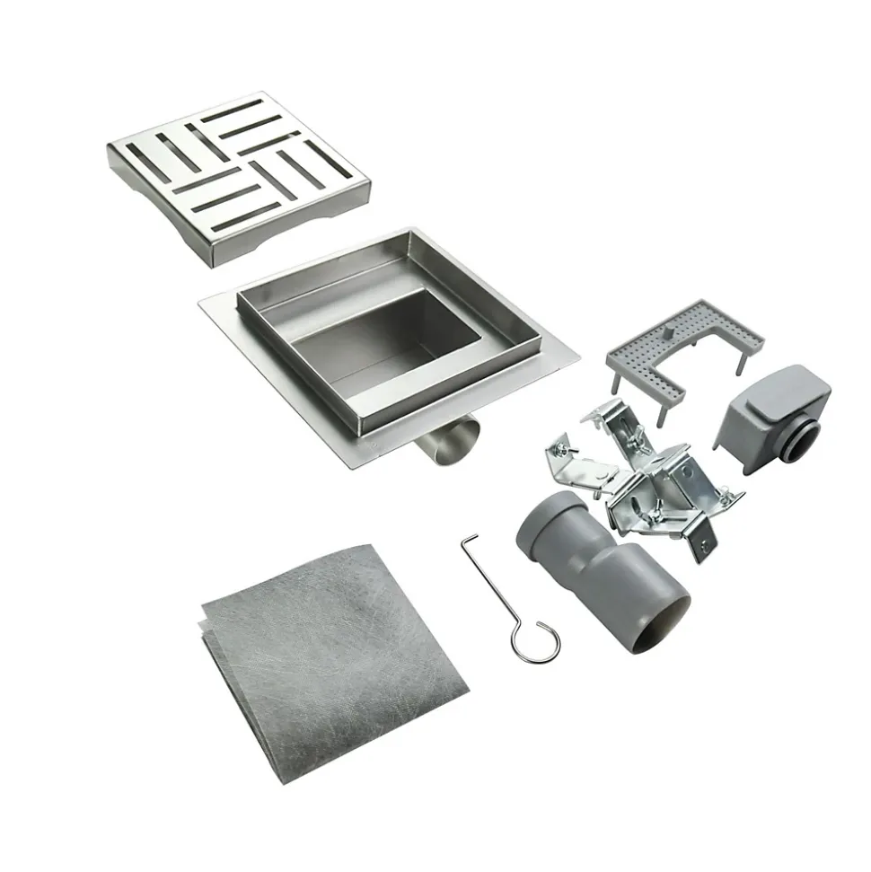 Caniveau de douche carré motif quadrillé DOMEO 12 x 12 cm siphon anti-odeurs, drainage 36l/min, h. réglable SANIVERRE