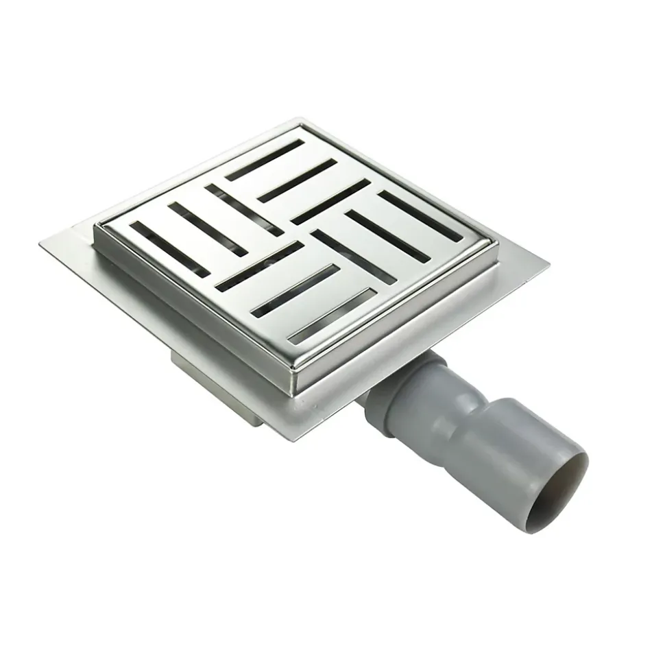 Caniveau de douche carré motif quadrillé DOMEO 12 x 12 cm siphon anti-odeurs, drainage 36l/min, h. réglable SANIVERRE