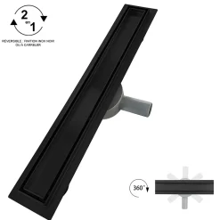 Caniveau de douche 2en1 VINY L.80 cm, réversible à carreler ou inox noir + siphon 360, drainage 36l/min - SANIVERRE