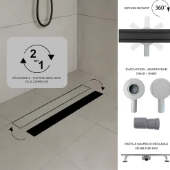 Caniveau de douche 2en1 VINY L.50 cm, réversible à carreler ou inox noir + siphon 360, drainage 36l/min - SANIVERRE
