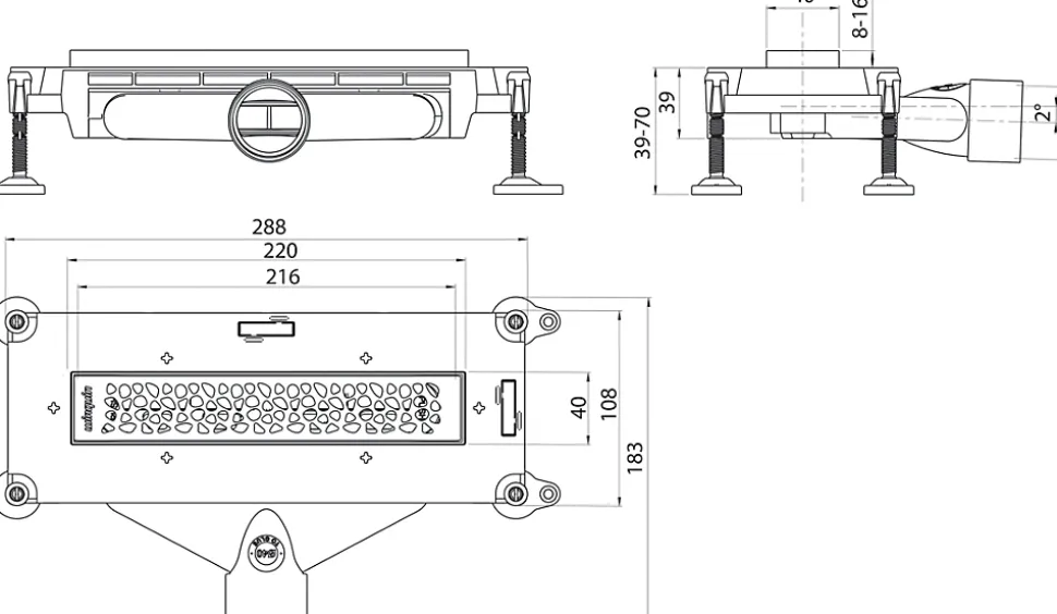 Caniveau de douche extraplat Wirquin So Line L.220 D40 - 288 mm