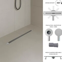 Caniveau de douche italienne slim DEKI L.70 cm acier inoxydable avec siphon 360, drainage performant SANIVERRE
