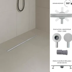 Caniveau de douche italienne étroit TIKA L.90 cm acier inoxydable avec siphon 360, drainage 36l/min SANIVERRE