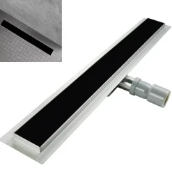Caniveau de douche KODY L.70 cm verre noir et inox, siphon anti-odeurs, drainage performant -SANIVERRE