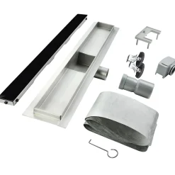 Caniveau de douche KODY L.70 cm verre noir et inox, siphon anti-odeurs, drainage performant -SANIVERRE
