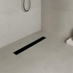 Caniveau de douche KODY L.60 cm verre noir et inox, siphon anti-odeurs, drainage performant -SANIVERRE