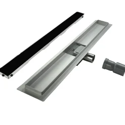 Caniveau de douche KODY L.60 cm verre noir et inox, siphon anti-odeurs, drainage performant -SANIVERRE