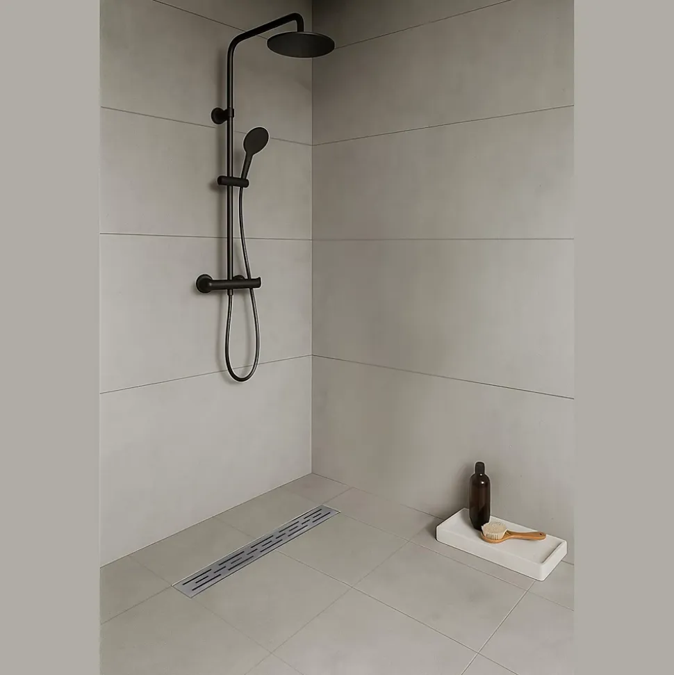 Caniveau de douche L.60 cm JAZY design linéaire, inox, anti-odeurs, drainage élevé - SANIVERRE