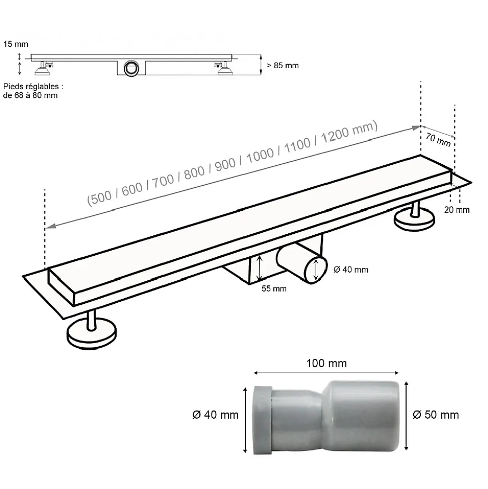 Caniveau de douche L.60 cm JAZY design linéaire, inox, anti-odeurs, drainage élevé - SANIVERRE