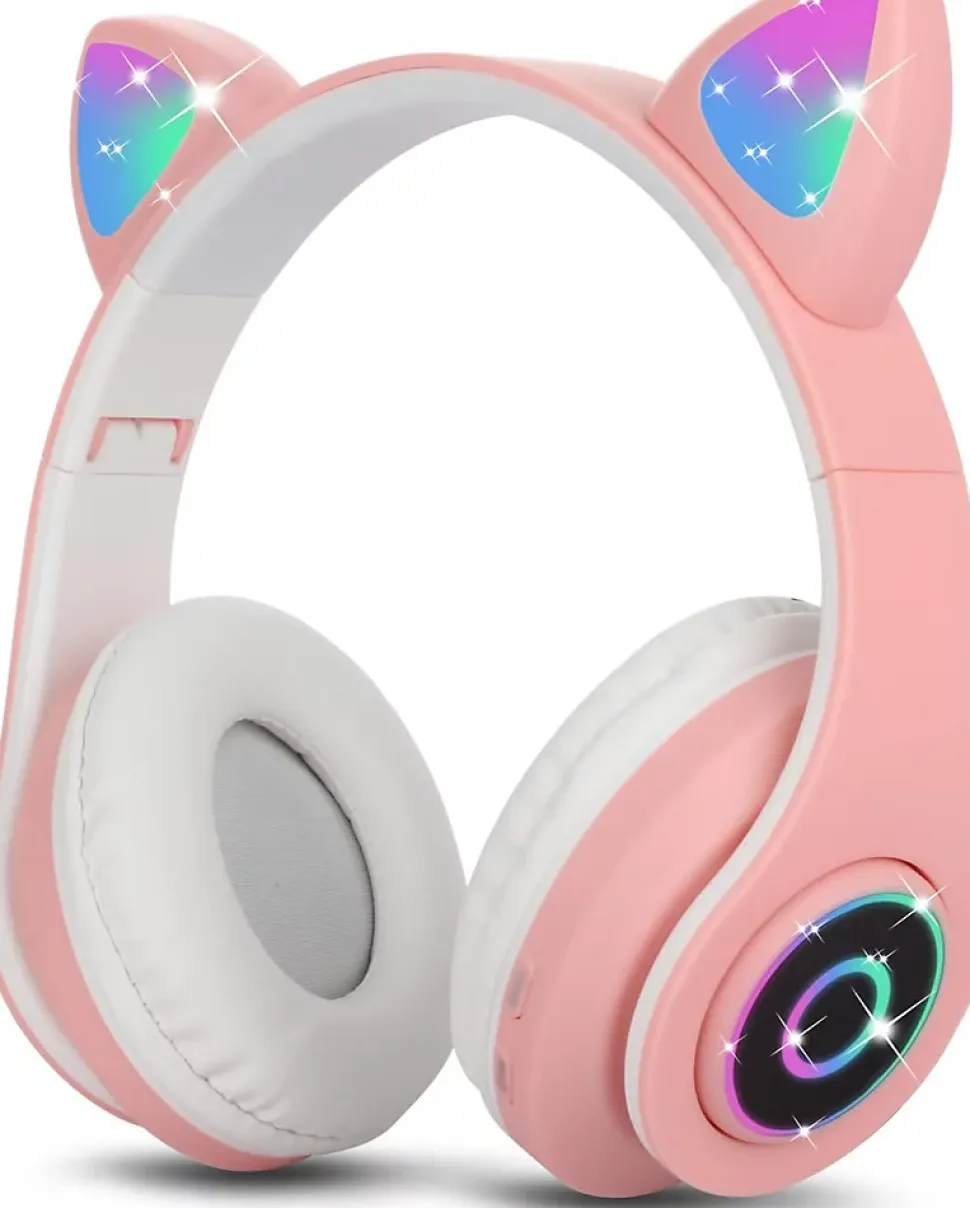 Casque Bluetooth sans Fil Pliable d'oreille de Chat avec Micro intégré rose blanc