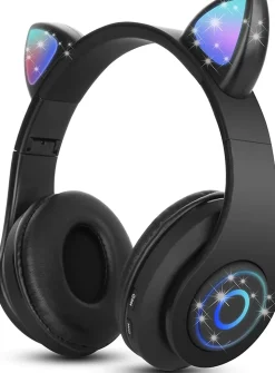 Casque Bluetooth sans Fil Pliable d'oreille de Chat avec Micro intégré noir