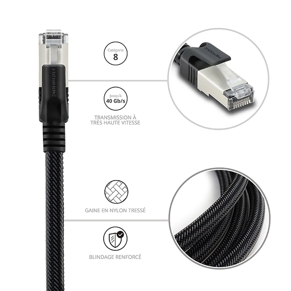 Câble Ethernet RJ45 CAT 8 mâle/mâle tressé - S/FTP 10 m - Metronic 395631