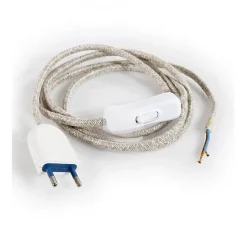 Câble Électrique Plat Couleur Lin Beige ClairPrémonté avec Fiche et InterrupteurPrêt à Installer