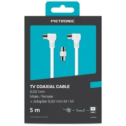 Câble TV coaxial 9,52 mm coudé mâle/fem. + adaptateur 9,52 mm - Metronic 338009