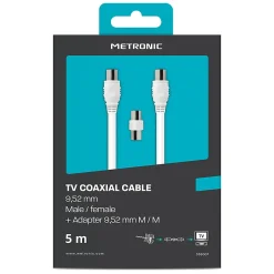 Câble TV coaxial 9,52 mm mâle/fem.+adaptateur mâle/mâle 5 m - Metronic 338007