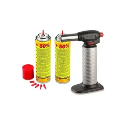 Chalumeau de cuisine professionnel + 2 Cartouches de gaz Utilisation à 360 degrés Allumage piezo KEMPER