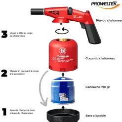 Chalumeau gaz 1.7kW Allumage piezo + 4 Cartouches gaz PROWELTEK