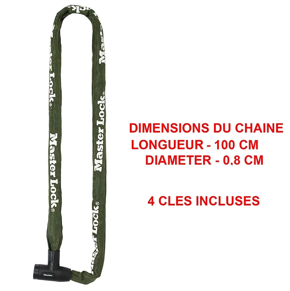 Chaîne antivol en acier avec revêtement nylon 1 m x Ø 8 mm Master Lock - Serrure à clé (4 clés)