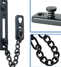 Chaîne de sécurité pour porte étroite, butée de porte à ressort, antivol, avec vis, acier inoxydable, finition noir mat