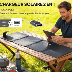Chargeur solaire portable 36W ports type-C et USB-a norme IP67 RoHS CE-RMC gris