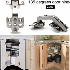 Charnières de porte d'armoire pliantes, 2 pièces, pour armoire de cuisine, 135 degrés (argent)