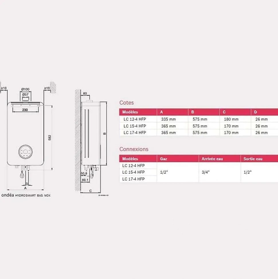 Chauffe-eau à ventouse ONDEA HYDROSMART BAS NOX - LC12-4 HFPN - Puissance 4,3 à 20,7 kW - Gaz Naturel - maxi 12 l/min