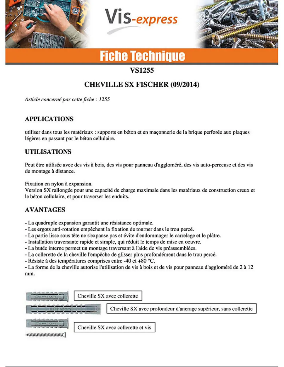 Cheville Nylon à collerette Fischer SX 6X50 - 100 pièces