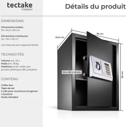 Coffre-fort électronique en acier 50 x 35 x 34,5 cm fer noir