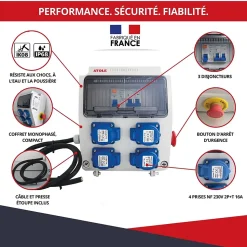 Coffret de Chantier Monophasé 230V ATOLE - 4 Prises NF 2P+T - 16A - 9 Modules - Coffret Électrique avec câble