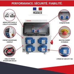 Coffret de Chantier Monophasé 230V ATOLE - 4 Prises NF 2P+T - 16A - 9 Modules - Coffret Électrique sans câble