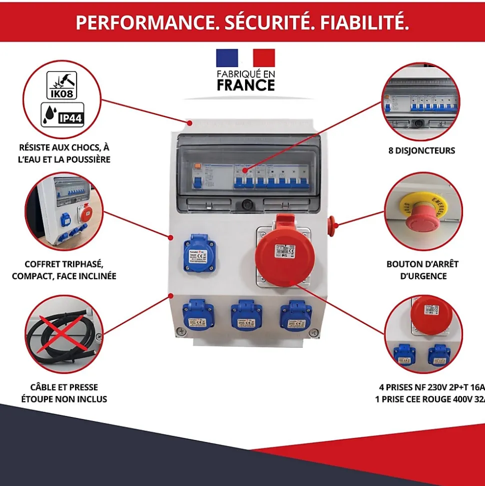 Coffret de Chantier Triphasé 440V ATOLE - 4P+N+T - IP44 IK08 - 32A - Coffret Électrique