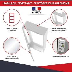 Coffret d'habillage ATOLE 13 modules en acier blanc avec porte miroir - H 117 x L 34 x P 14,5 cm - Réf. RCH600MIR