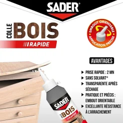 Colle à bois à prise rapide Sader transparente après séchage biberon de 250 g