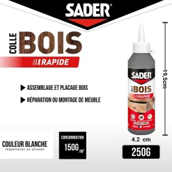Colle à bois à prise rapide Sader transparente après séchage biberon de 250 g