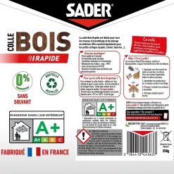 Colle à bois à prise rapide Sader transparente après séchage biberon de 250 g