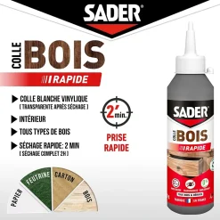 Colle à bois à prise rapide Sader transparente après séchage biberon de 250 g