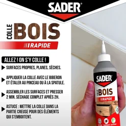 Colle à bois à prise rapide Sader transparente après séchage biberon de 250 g