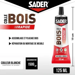Colle à bois à prise rapide Sader transparente après séchage tube de 125 ml