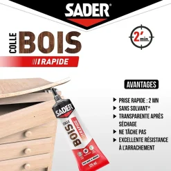 Colle à bois à prise rapide Sader transparente après séchage tube de 125 ml