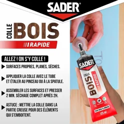 Colle à bois à prise rapide Sader transparente après séchage tube de 125 ml