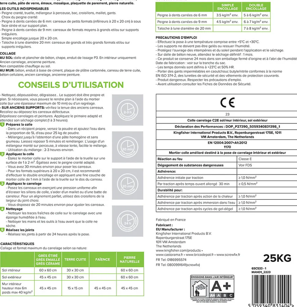 Colle carrelage sol int/ext et mur intérieur blanc Volden C2E 25kg