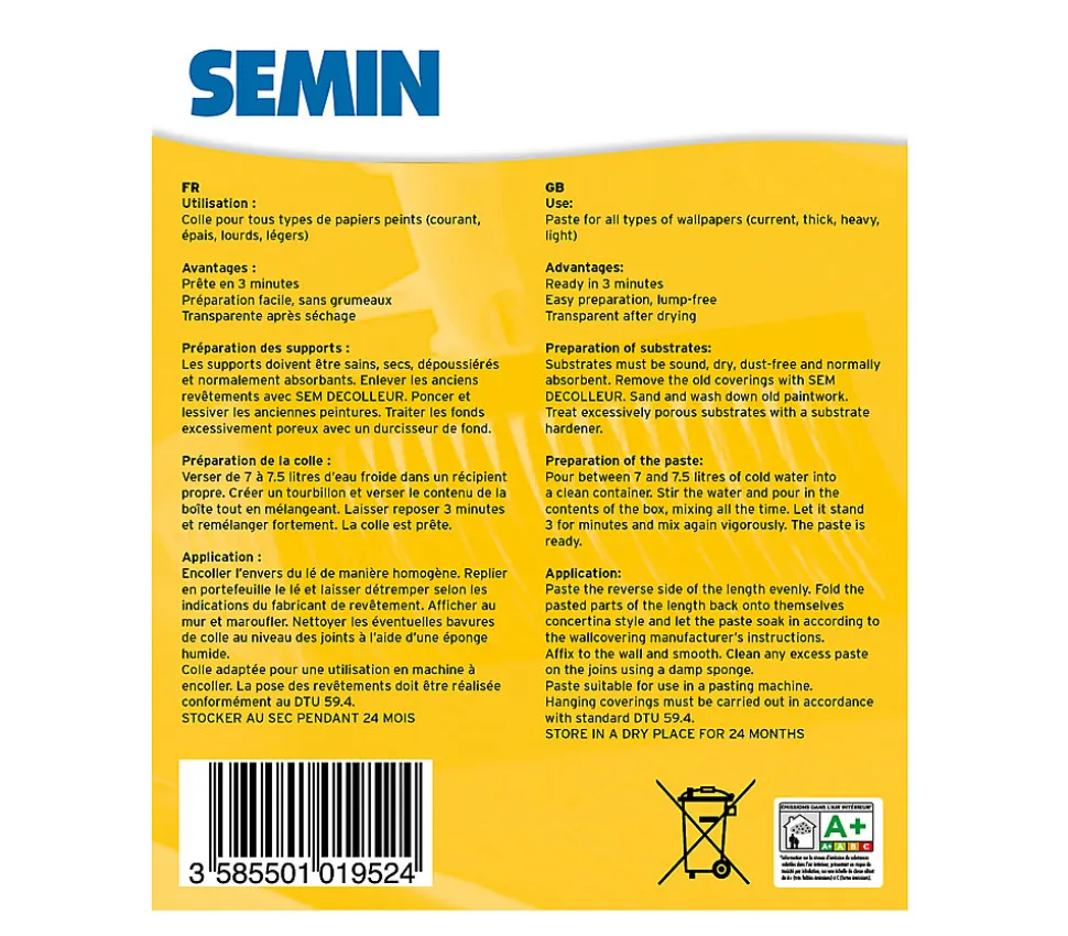 Colle en Poudre pour Papiers Peints Légers et Lourds Semin, Boite 250 g